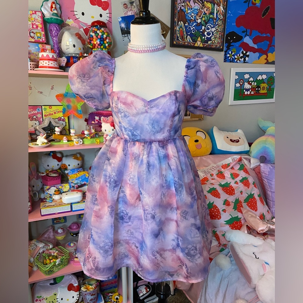 NWT Sugar Thrillz Dolls Kill Pink Organza Angel Mini Dress Puff Sleeves W/Pearls